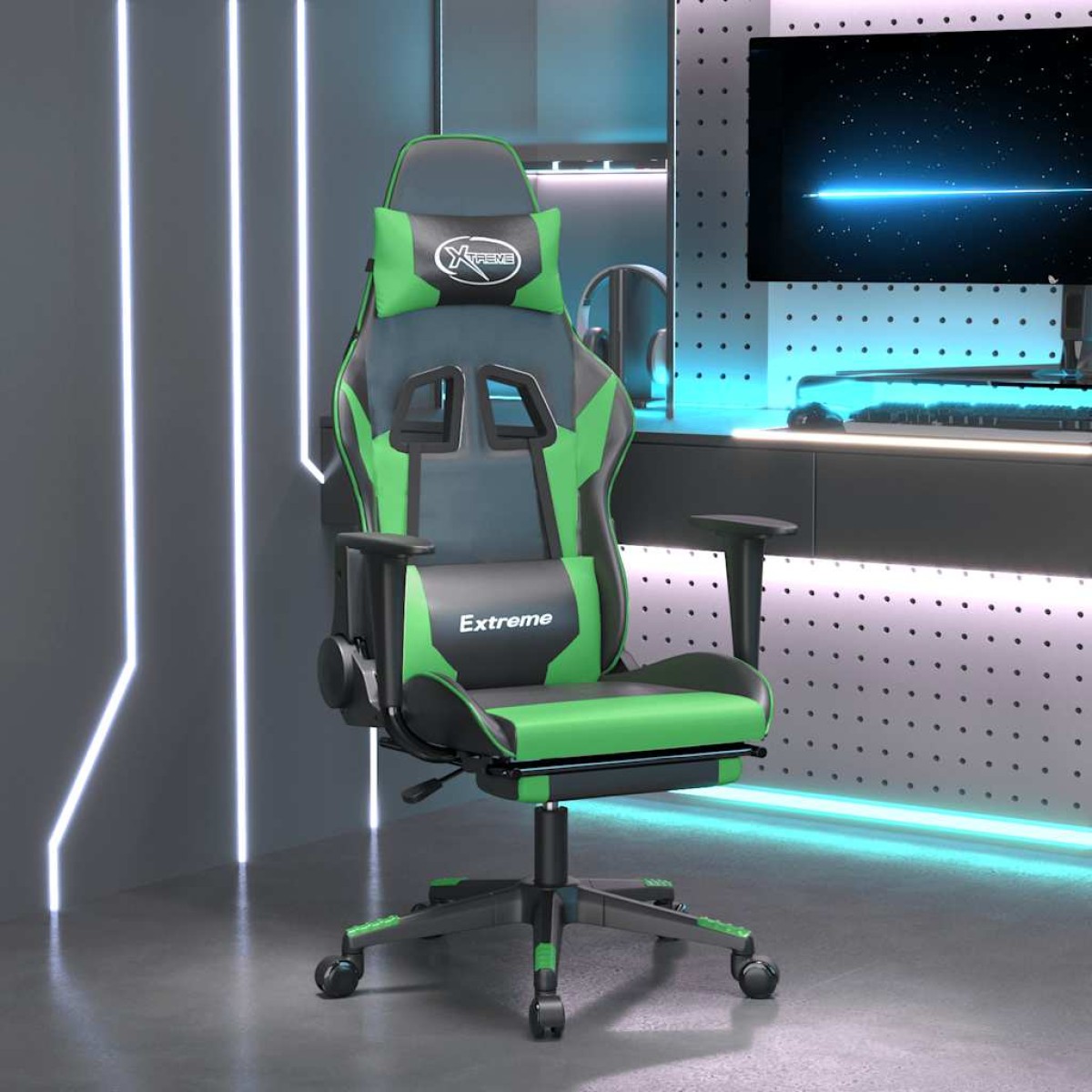 vidaXL Καρέκλα Gaming Μασάζ Υποπόδιο Μαύρο/Πράσινο από Συνθετικό Δέρμα