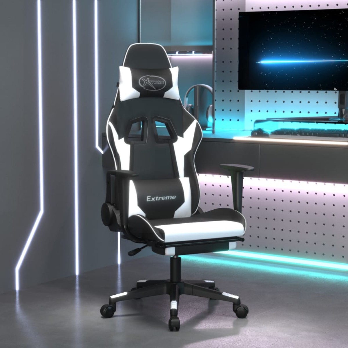 vidaXL Καρέκλα Gaming Μασάζ Υποπόδιο Μαύρο άσπρο από Συνθετικό Δέρμα