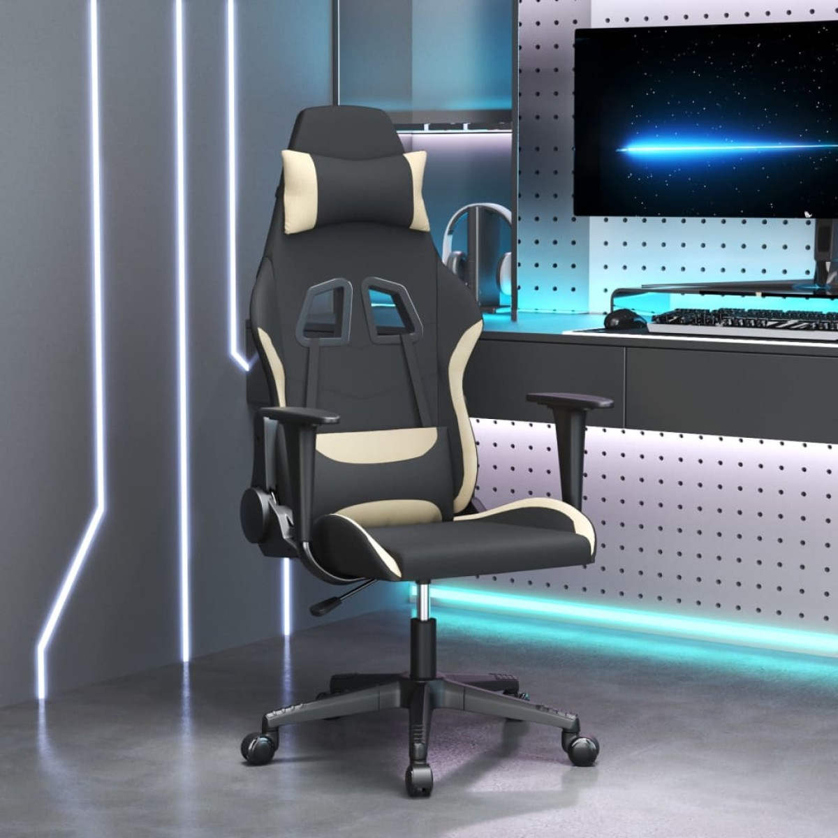 vidaXL Καρέκλα Μασάζ Gaming Μαύρη και Κρεμ Υφασμάτινη