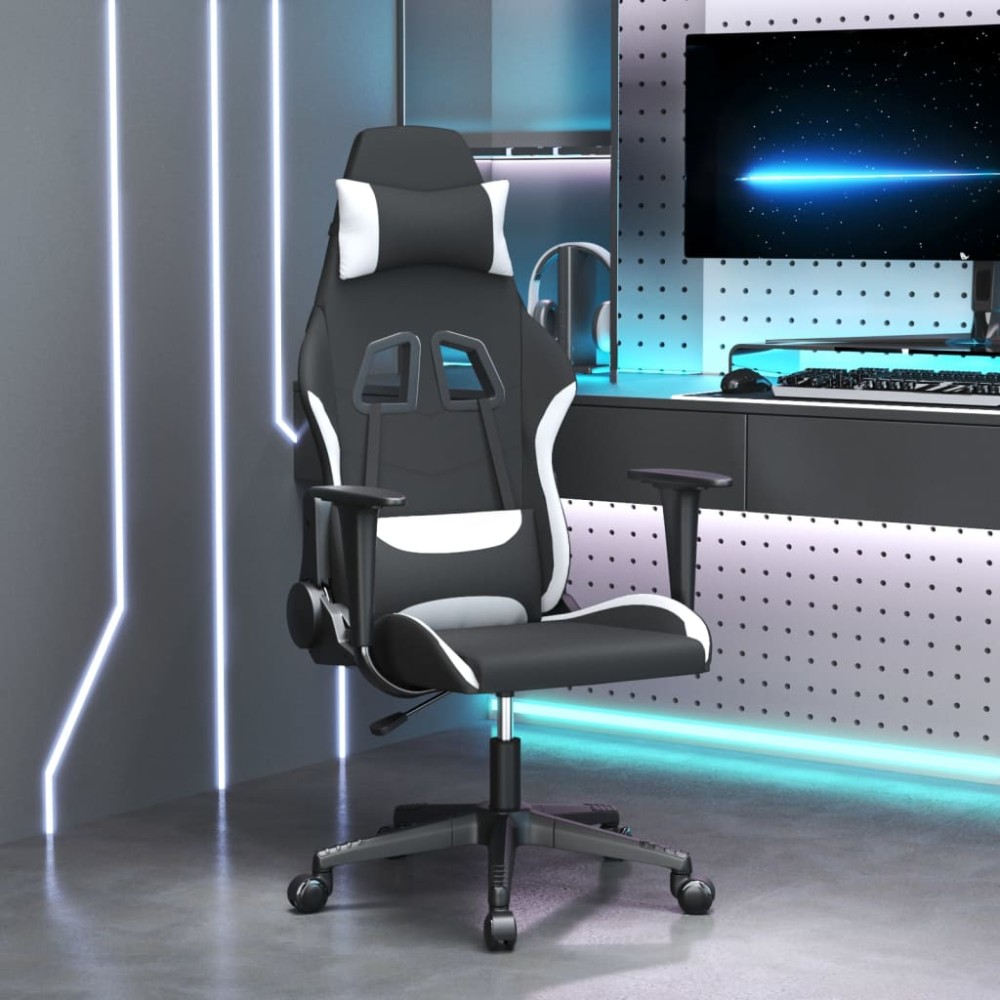 vidaXL Καρέκλα Μασάζ Gaming Μαύρη και Λευκή Υφασμάτινη