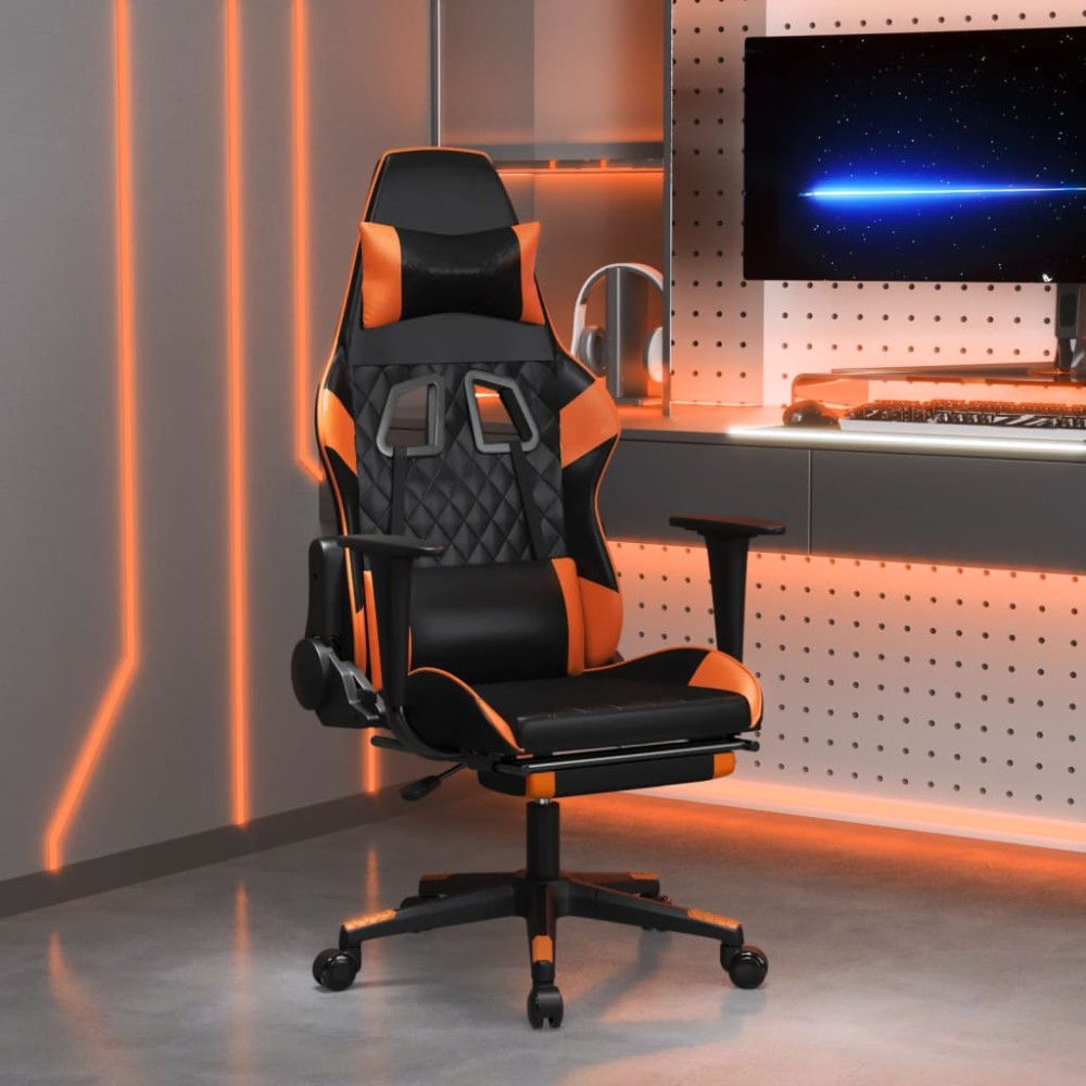 vidaXL Καρέκλα Gaming Μασάζ Υποπόδιο Μαύρο Πορτοκαλί Συνθετικό Δέρμα