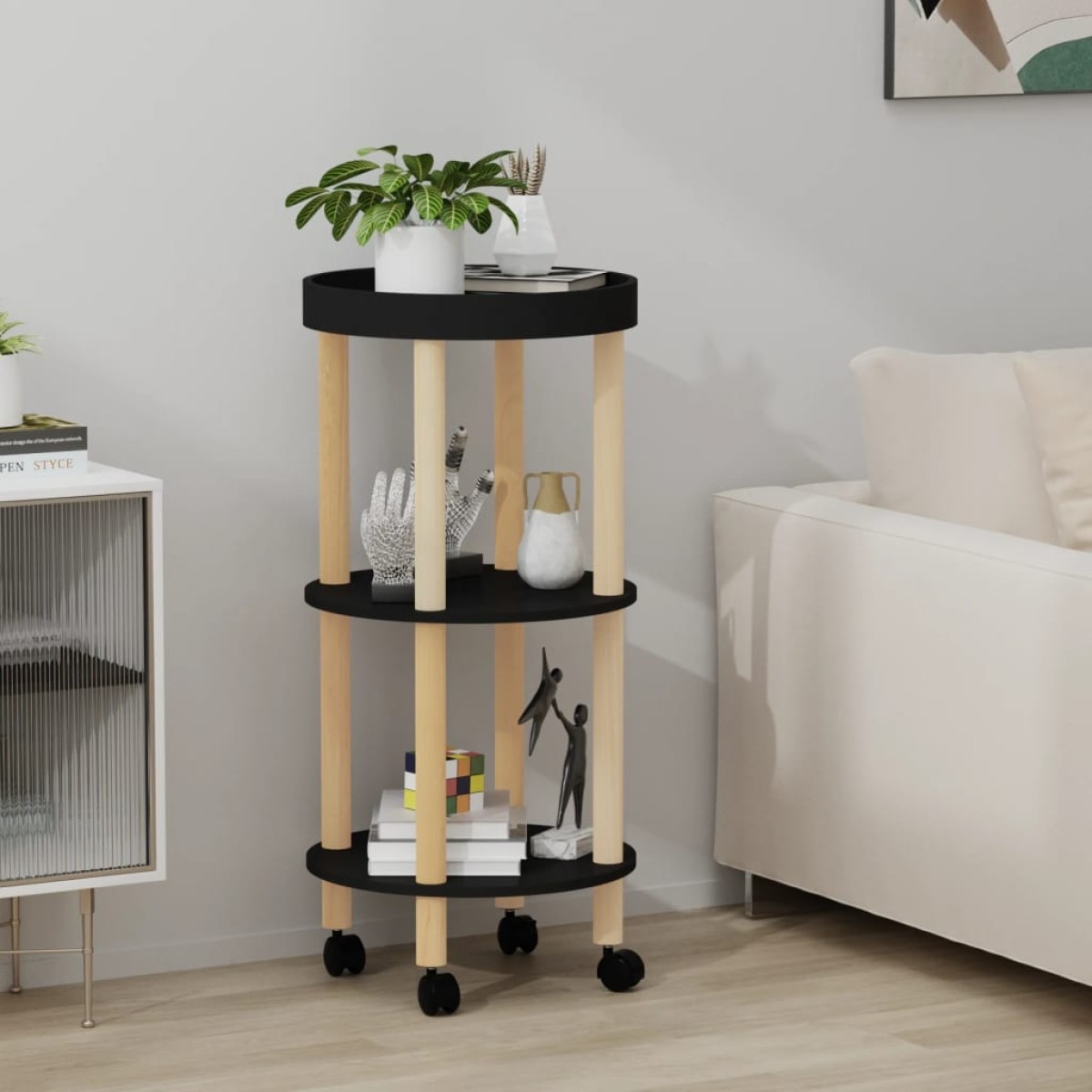 vidaXL Τρόλεϊ 3 Επιπέδων Μαύρο 38 x 38 x 82 εκ. Επεξ. Ξύλο/Μασίφ Πεύκο