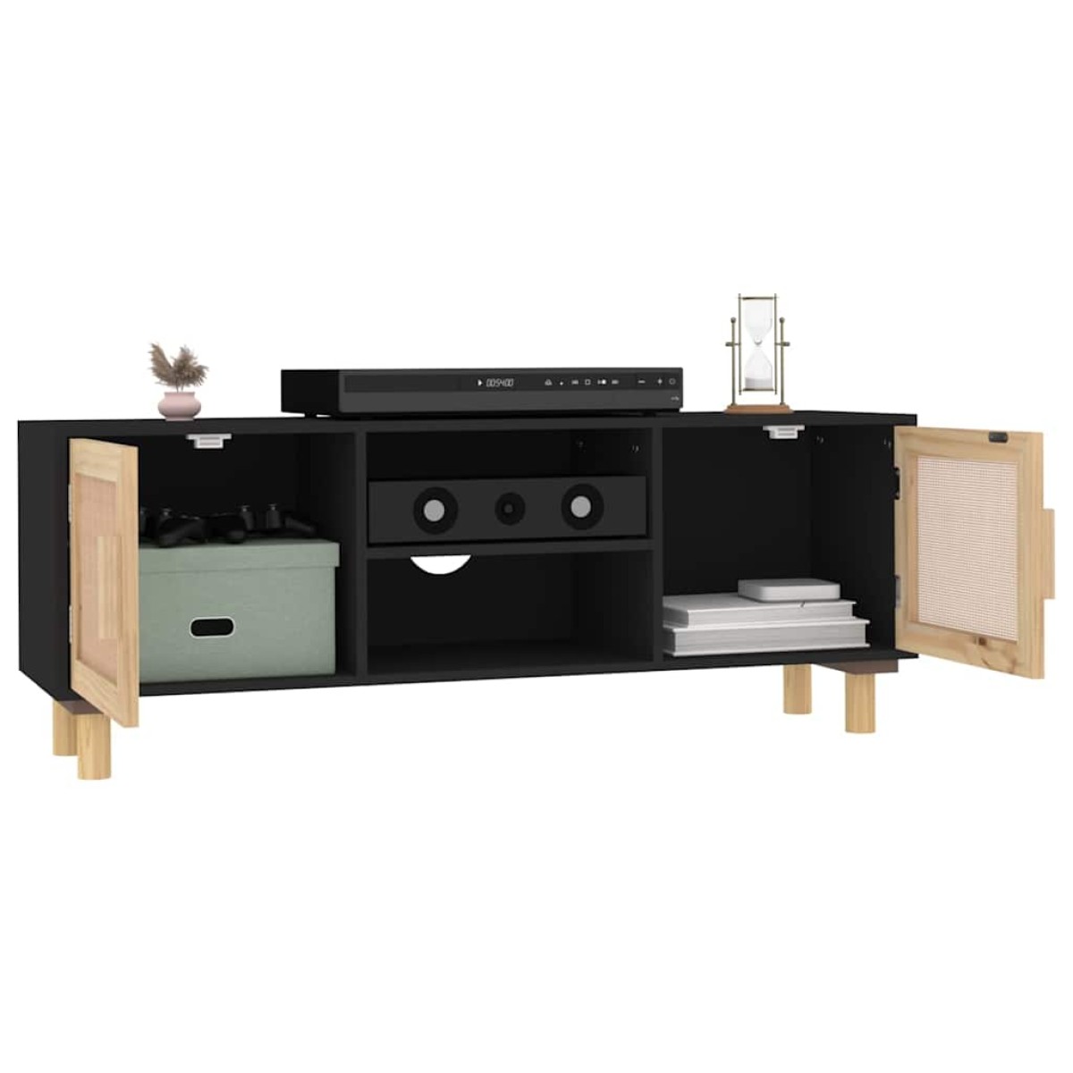 vidaXL Έπιπλο Τηλεόρασης Μαύρο 105x30x40 εκ Μασίφ Πεύκο & Φυσικό Ρατάν