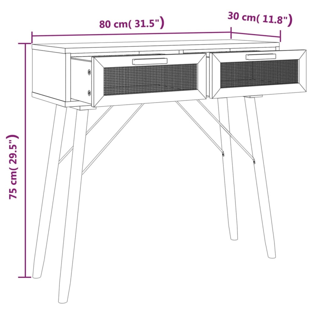vidaXL Τραπέζι Κονσόλα Μαύρο 80x30x75 εκ. Μασίφ Πεύκο & Φυσικό Ρατάν