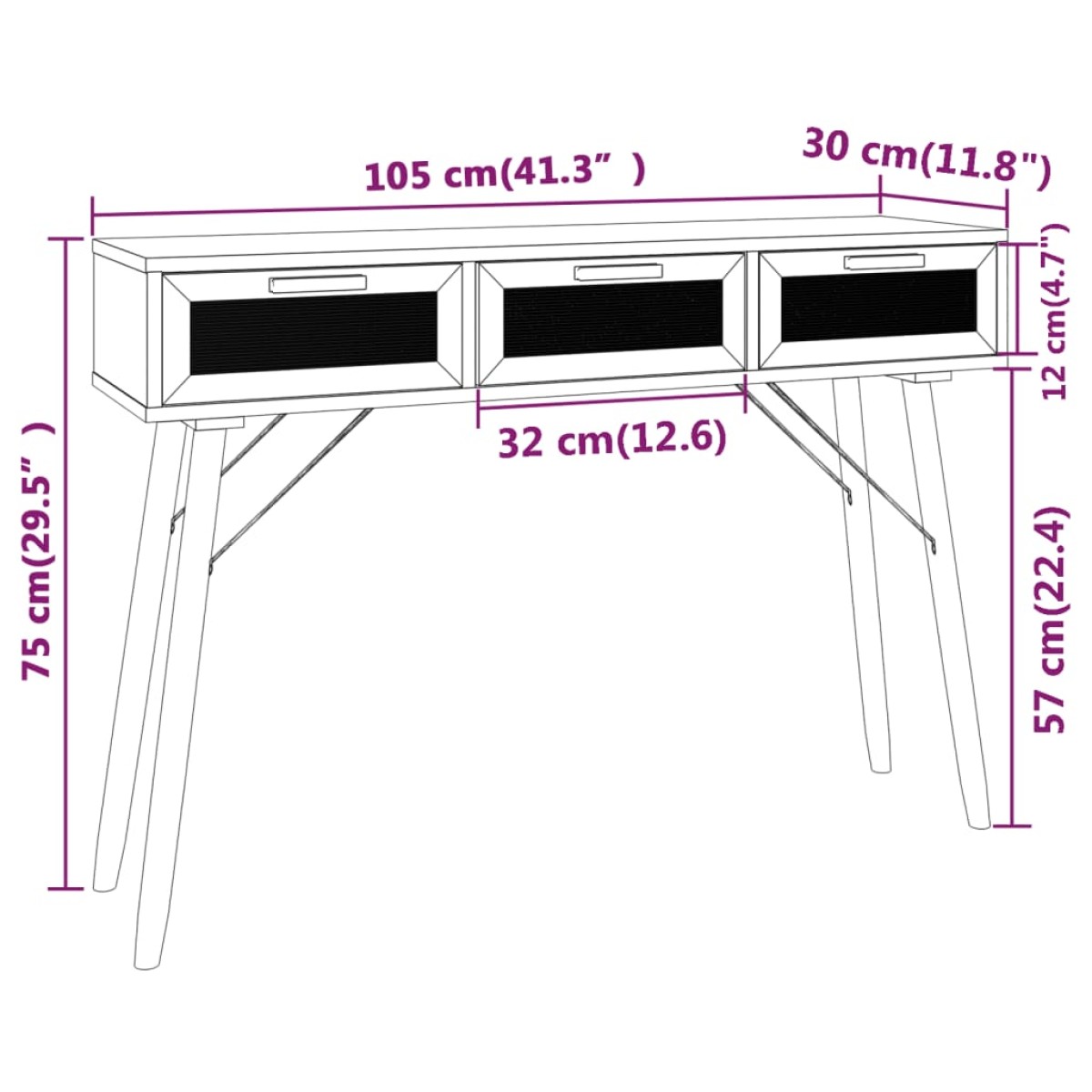 vidaXL Τραπέζι Κονσόλα Μαύρο 105x30x75 εκ. Μασίφ Πεύκο & Φυσικό Ρατάν