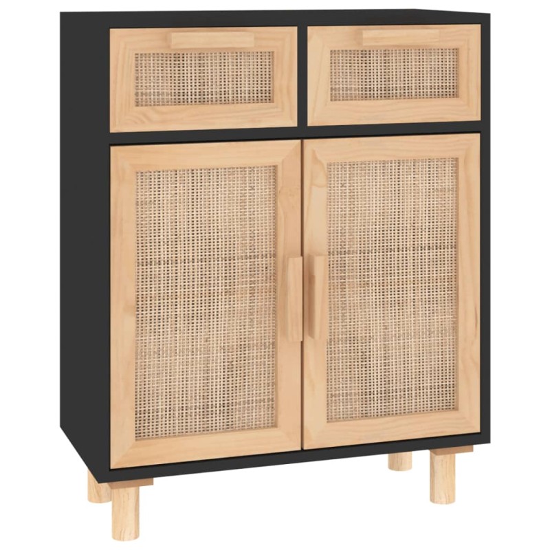 vidaXL Ντουλάπι Μαύρο 60 x 30 x 75 εκ. από Μασίφ Πεύκο & Φυσικό Ρατάν