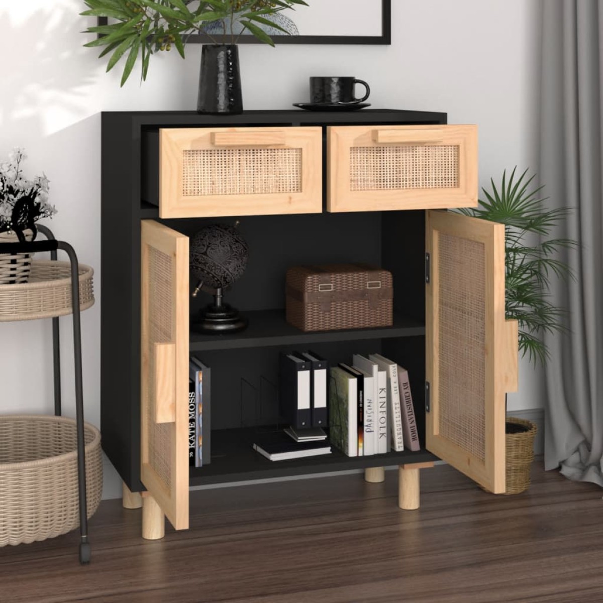 vidaXL Ντουλάπι Μαύρο 60 x 30 x 75 εκ. από Μασίφ Πεύκο & Φυσικό Ρατάν