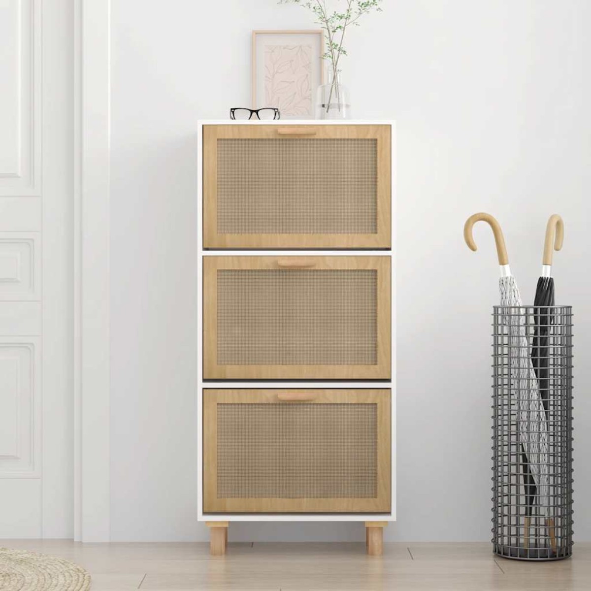 vidaXL Παπουτσοθήκη Λευκή 52x25x115 εκ Επεξεργασμένο Ξύλο&Φυσικό Ρατάν