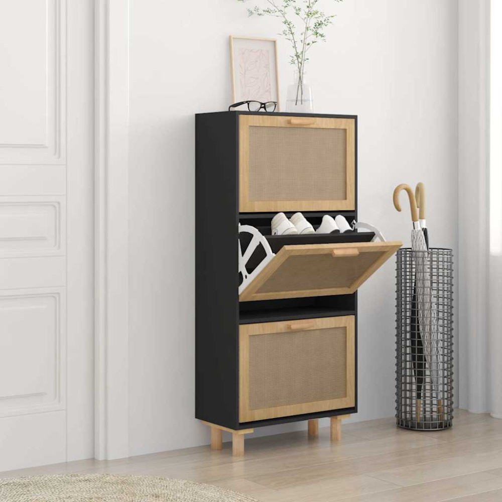 vidaXL Παπουτσοθήκη Μαύρη 52x25x115 εκ Επεξεργασμένο Ξύλο&Φυσικό Ρατάν