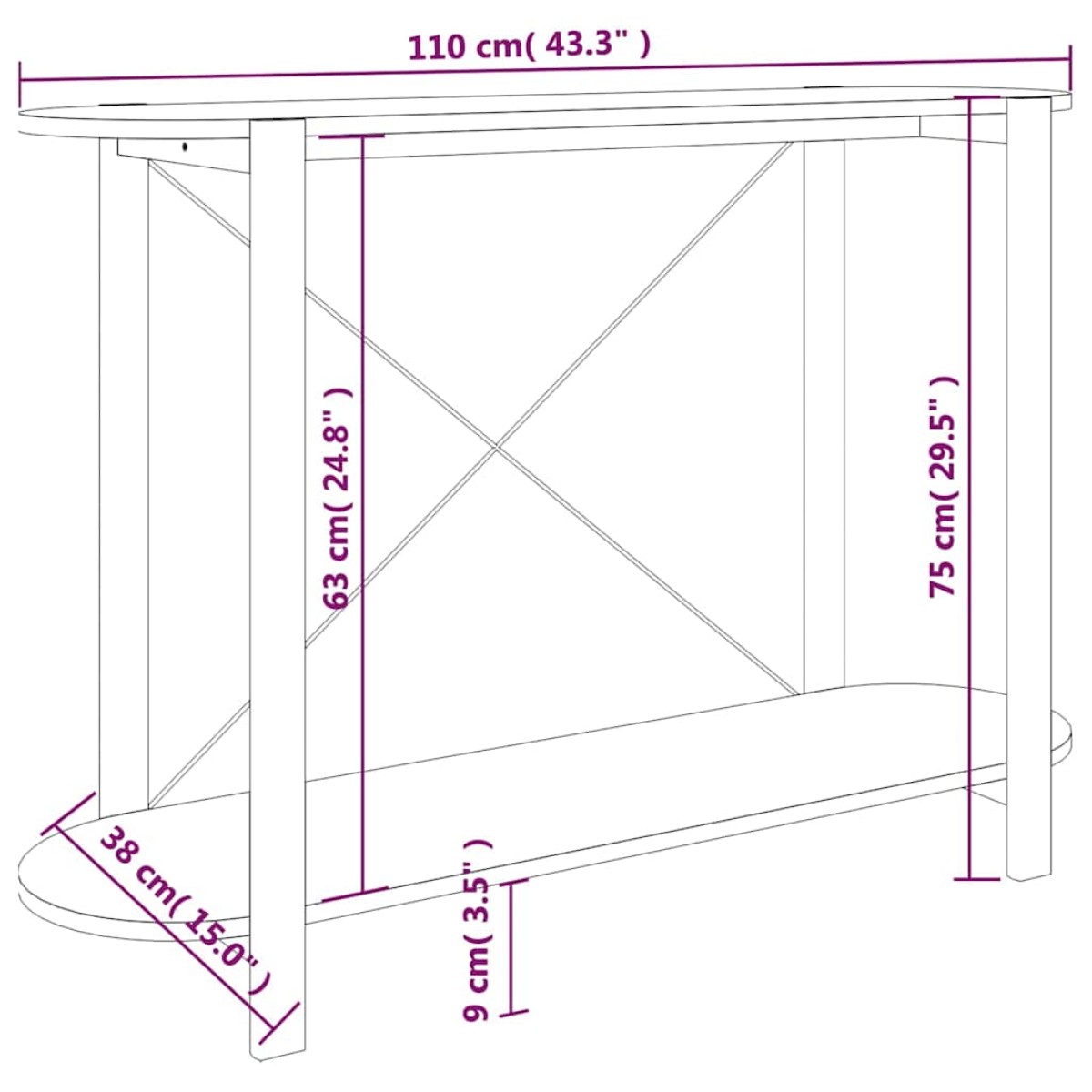 vidaXL Τραπέζι Κονσόλα Μαύρο 110 x 38 x 75 εκ. Επεξεργασμένο Ξύλο