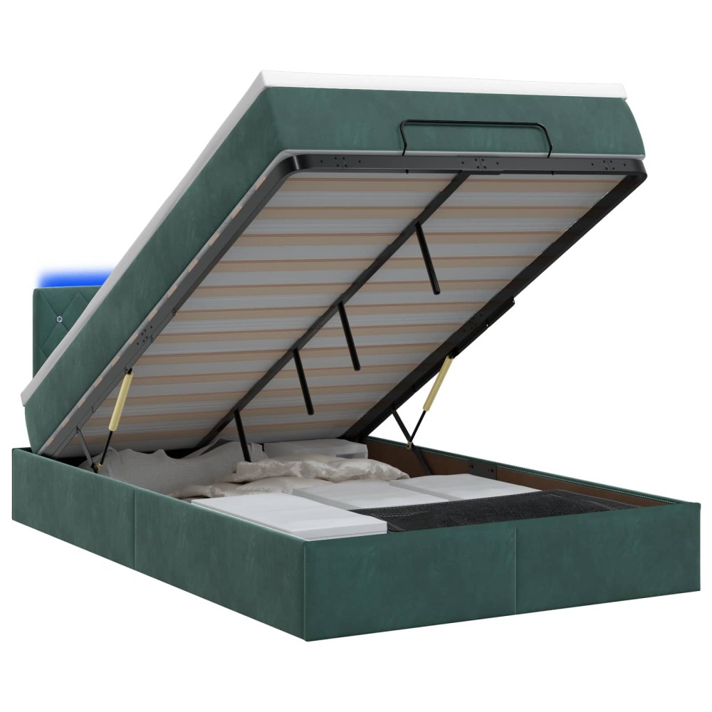 vidaXL Κρεβάτι Ottoman με Στρώμα και LED Σκούρο Πράσινο 120 x 190 cm
