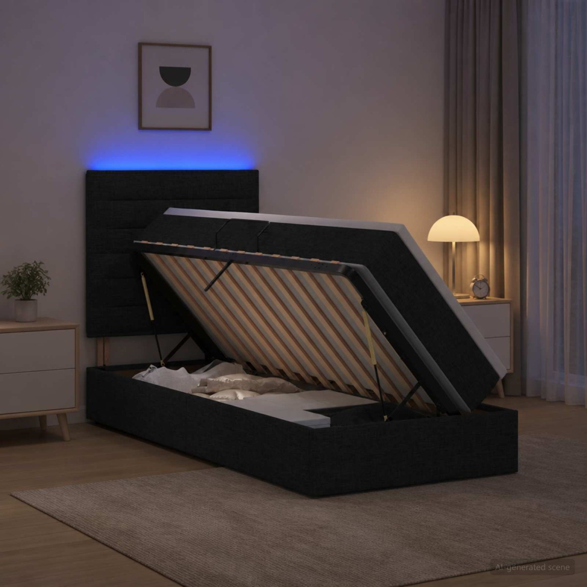 vidaXL LED Κρεβάτι αποθήκευσης με στρώμα Μαύρο 90 x 200 cm Ύφασμα