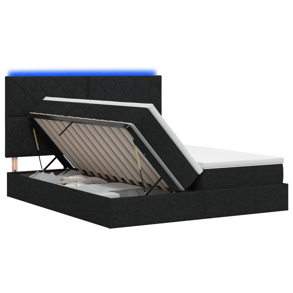 vidaXL LED Κρεβάτι αποθήκευσης με στρώμα Μαύρο 200 x 200 cm Ύφασμα