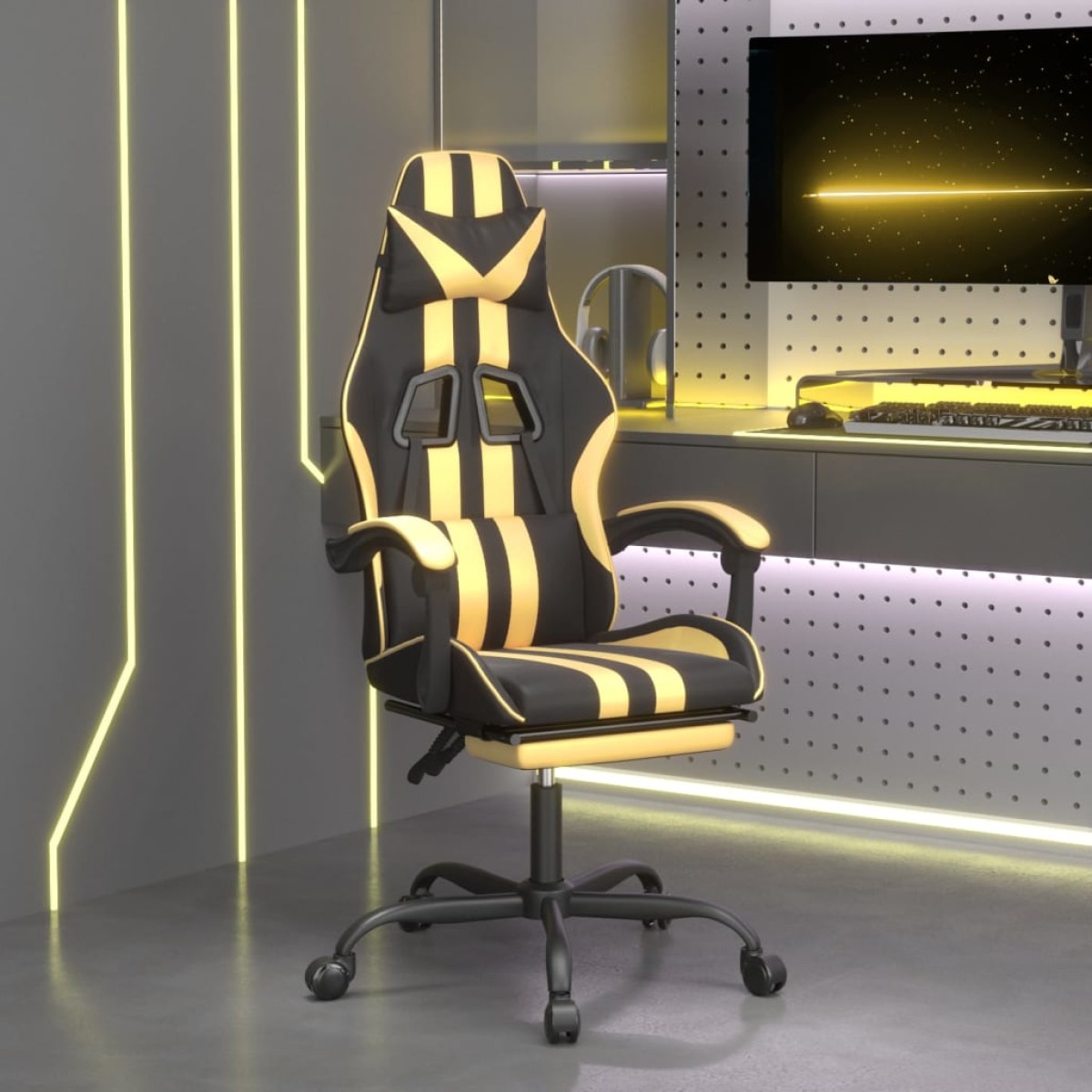 vidaXL Καρέκλα Gaming Περιστρ. Υποπόδιο Μαύρος χρυσός Συνθετικό Δέρμα