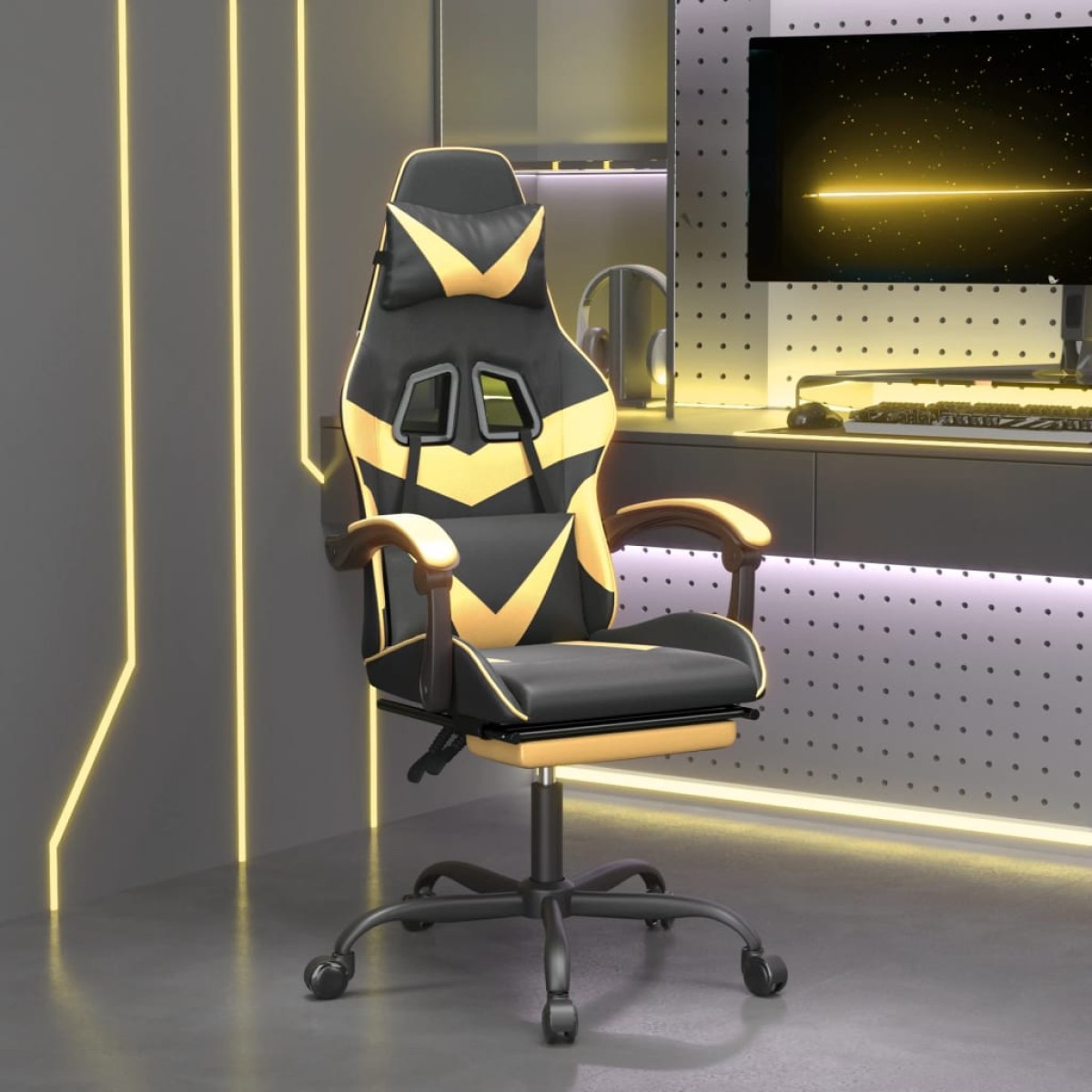 vidaXL Καρέκλα Gaming Περιστρ. Υποπόδιο Μαύρος χρυσός Συνθετικό Δέρμα