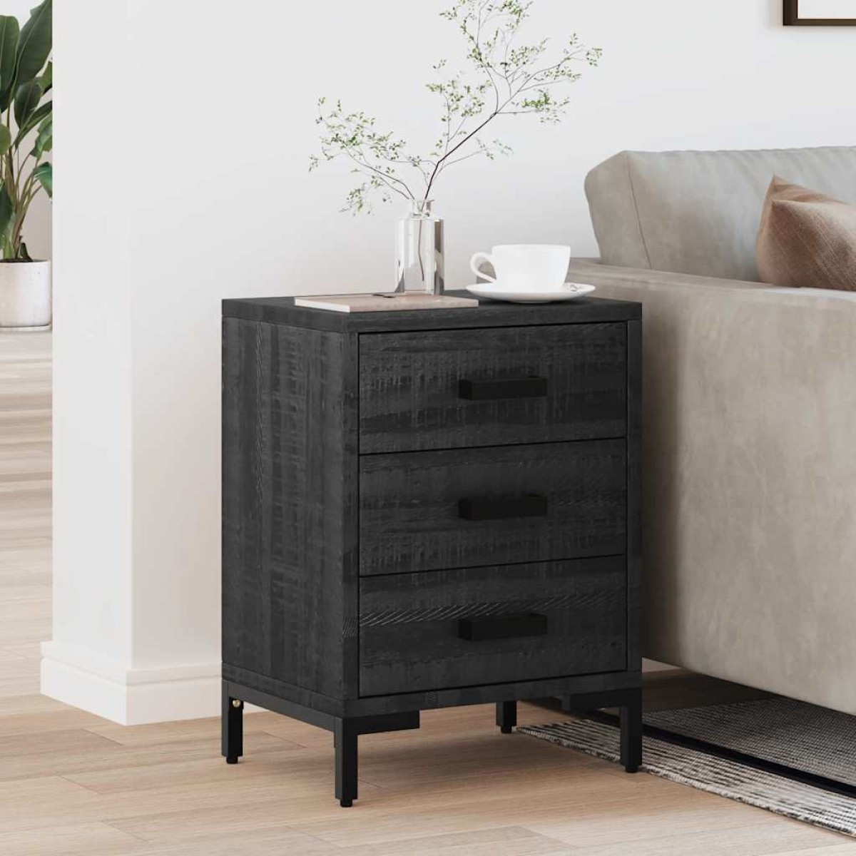 vidaXL Κομοδίνο Μαύρο 40 x 30 x 55 εκ. από Μασίφ Ξύλο Πεύκου