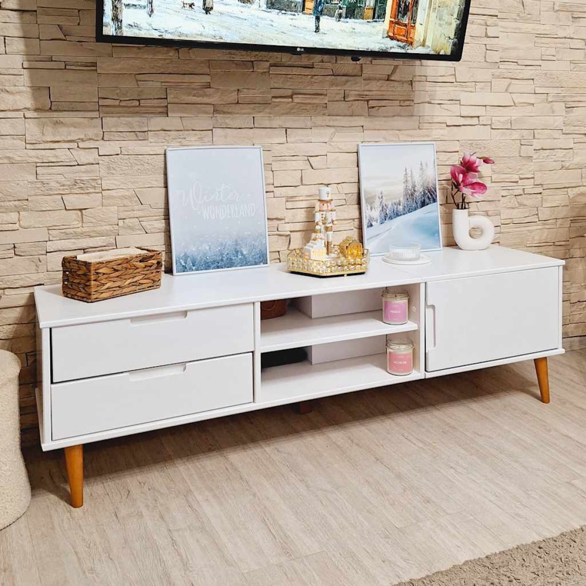 vidaXL Έπιπλο Τηλεόρασης MOLDE Λευκό 158x40x49 εκ. Μασίφ Ξύλο Πεύκου