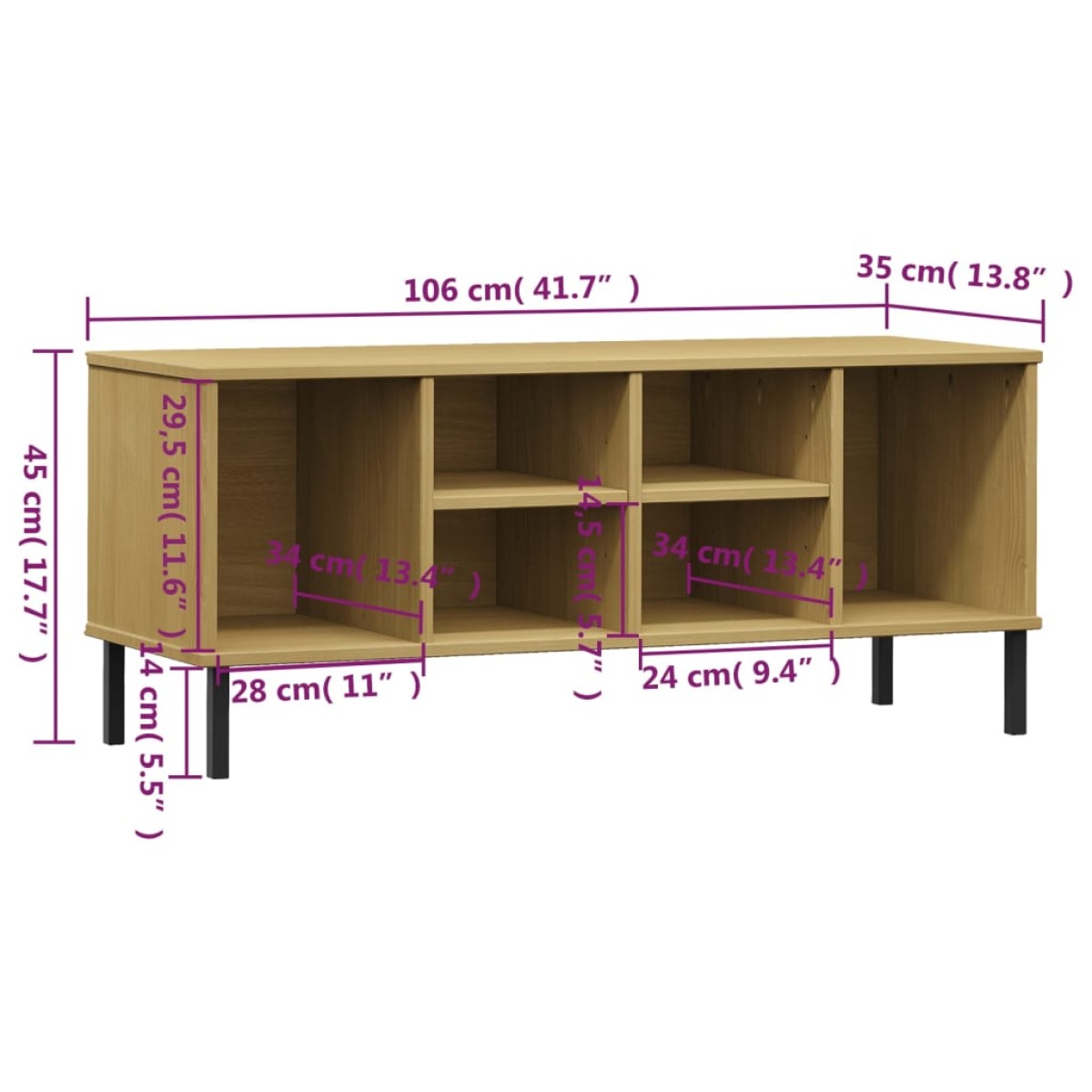 vidaXL Παπουτσοθήκη OSLO Καφέ 106x35x45 εκ. Μασίφ Ξύλο με Μεταλ. Πόδια