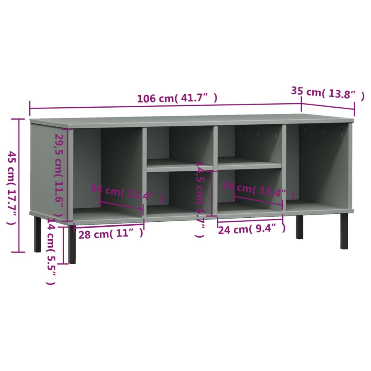vidaXL Παπουτσοθήκη OSLO Γκρι 106x35x45 εκ. Μασίφ Ξύλο με Μετ. Πόδια