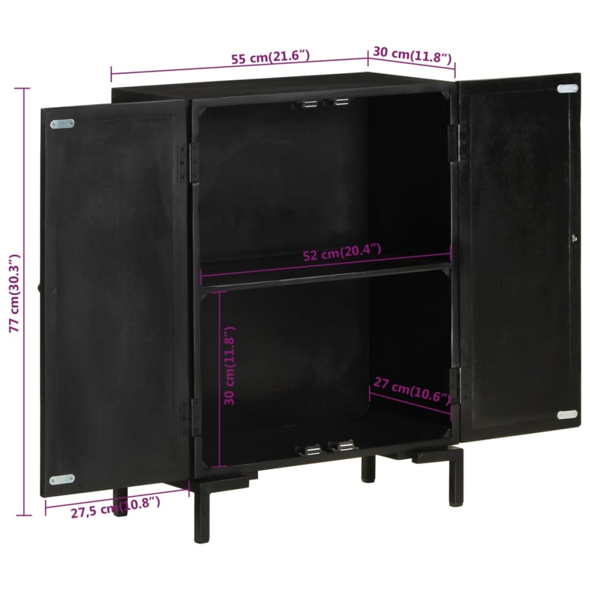 vidaXL Ντουλάπι Μαύρο 55x30x77 εκ. από Μασίφ Ξύλο Μάνγκο και Σίδηρο