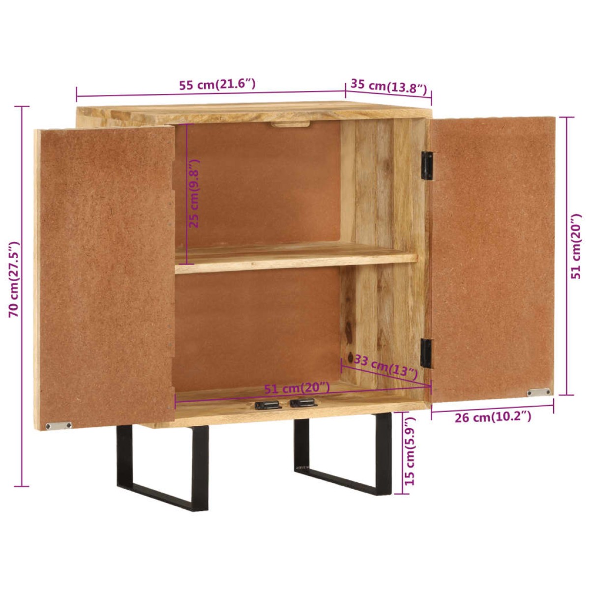 vidaXL Ντουλάπι με 2 Πόρτες 55 x 35 x 70 εκ. από Μασίφ Ξύλο Μάνγκο