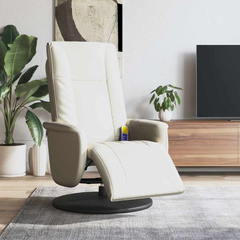 vidaXL Πολυθρόνα Μασάζ Ανακλινόμενη με Υποπόδιο Κρεμ από Συνθ. Δέρμα