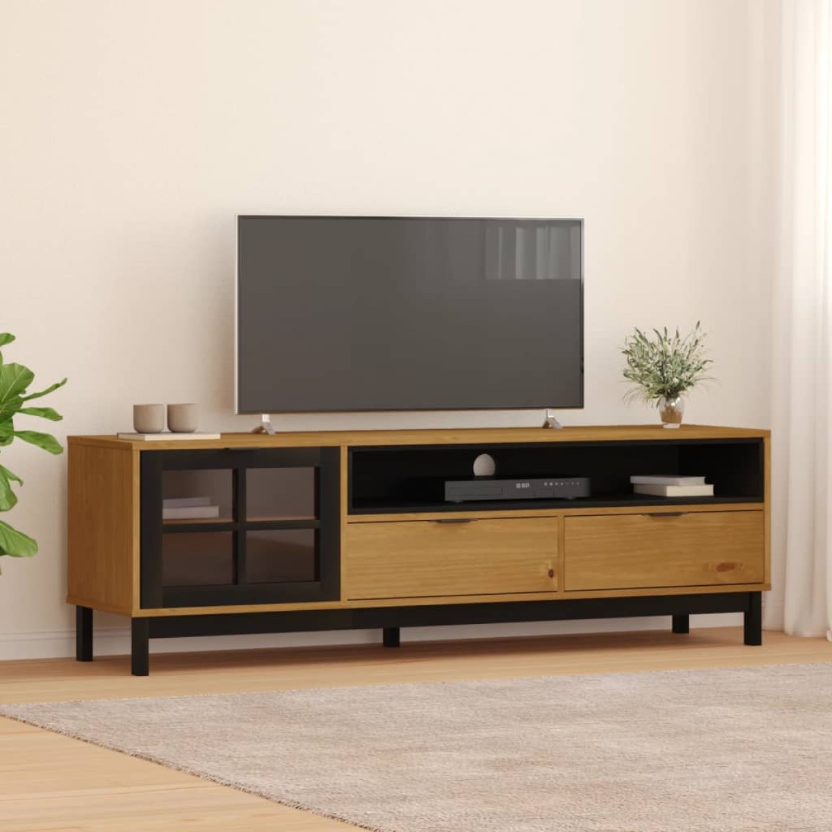 vidaXL Έπιπλο Τηλεόρασης FLAM Γυάλινη Πόρτα 158x40x50 εκ. Μασίφ Πεύκο