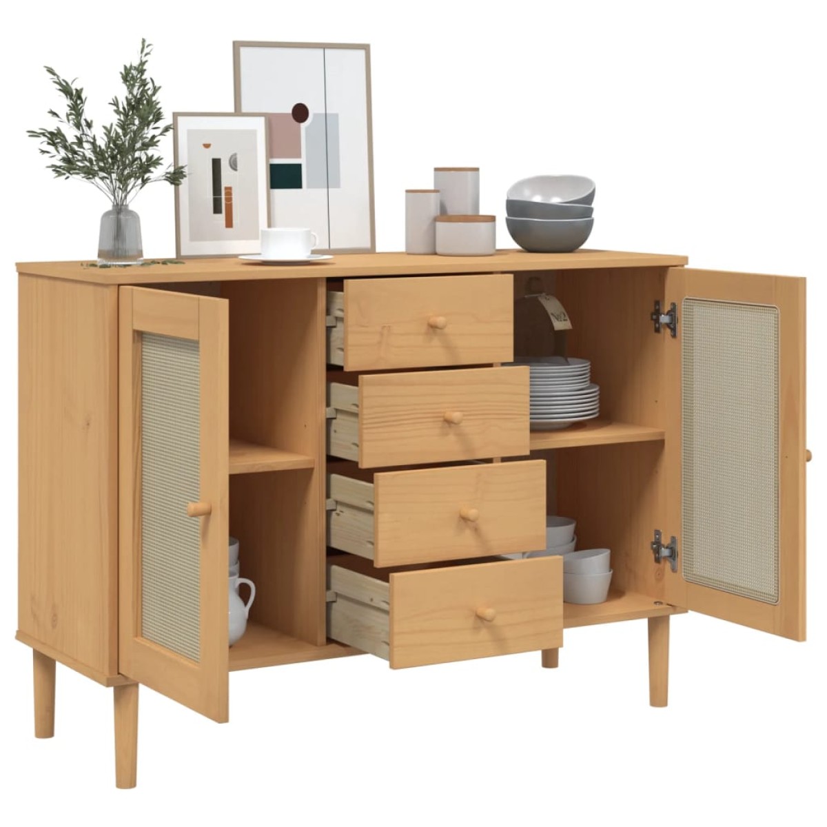 vidaXL Μπουφές SENJA Καφέ / Ρατάν 112 x 40 x 80 εκ. Μασίφ Ξύλο Πεύκου