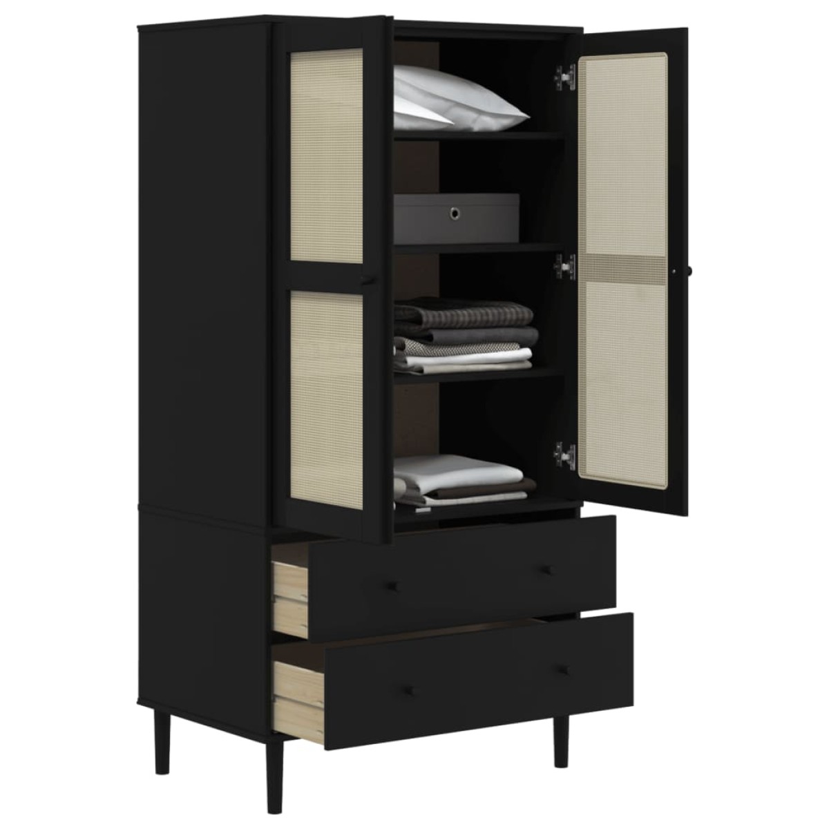 vidaXL Ντουλάπα SENJA Μαύρο / Ρατάν 90 x 55 x 175εκ. Μασίφ Ξύλο Πεύκου