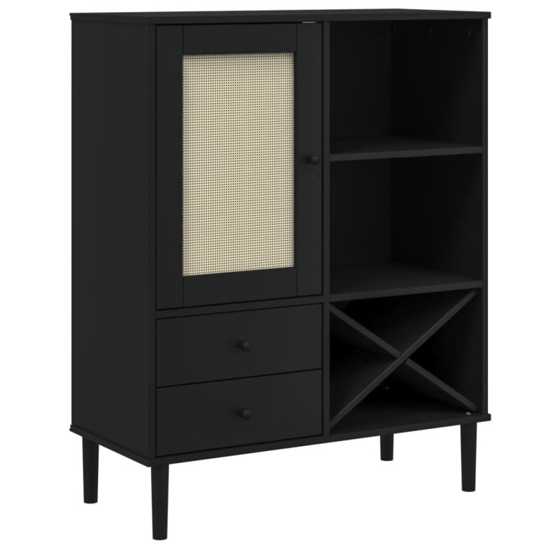 vidaXL Ντουλάπι Ψηλό SENJA Μαύρο/Ρατάν 90x40x112 εκ. Μασίφ Ξύλο Πεύκου