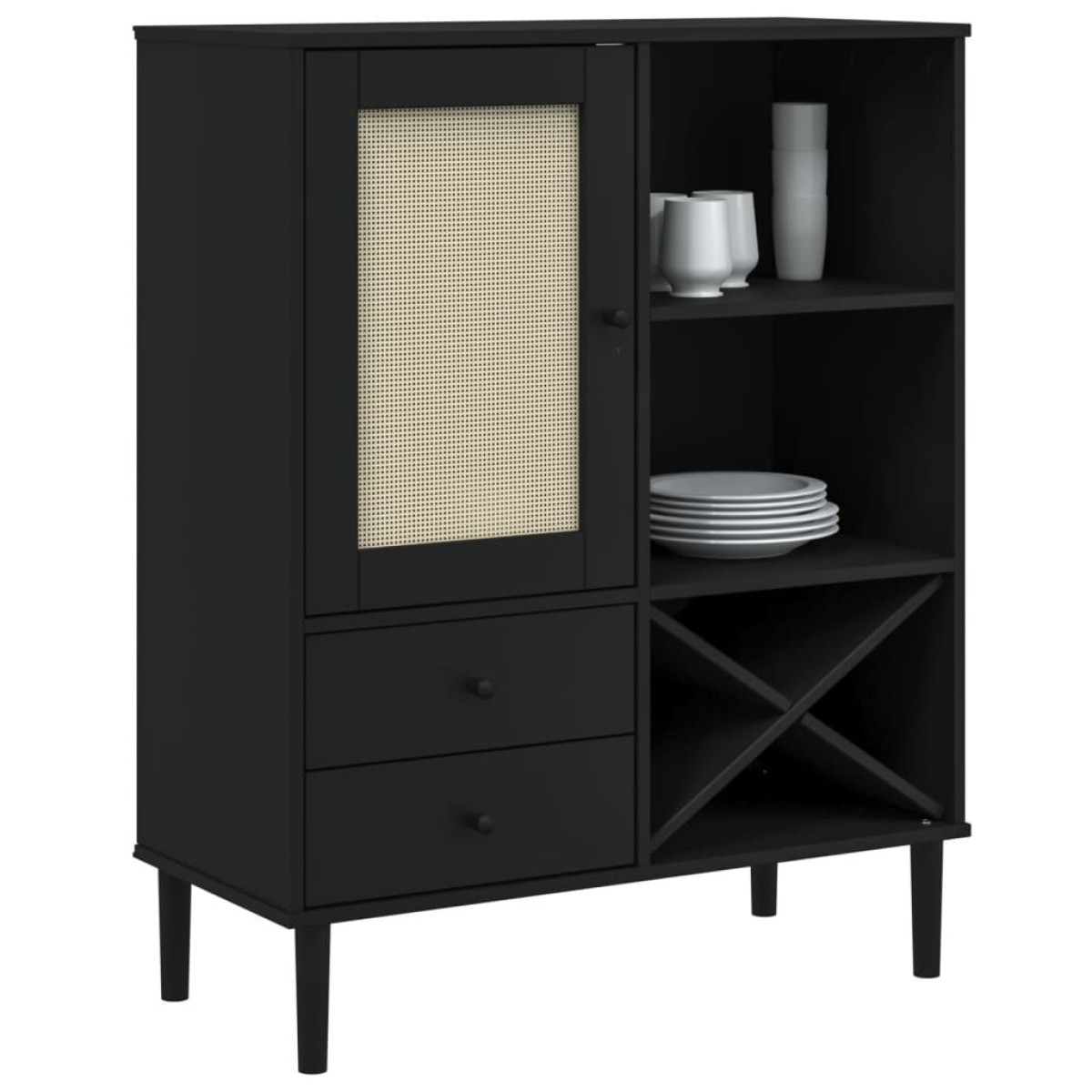 vidaXL Ντουλάπι Ψηλό SENJA Μαύρο/Ρατάν 90x40x112 εκ. Μασίφ Ξύλο Πεύκου