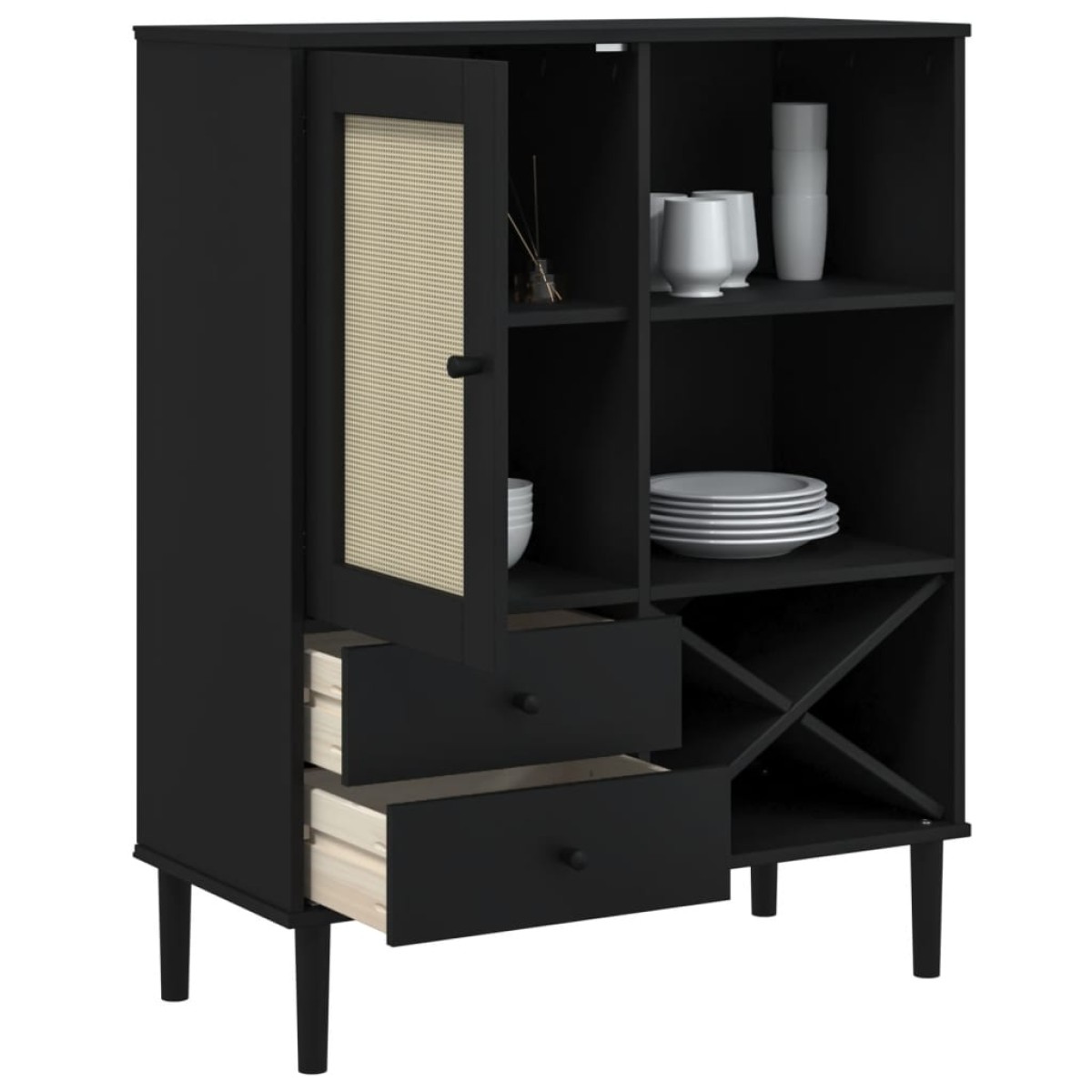 vidaXL Ντουλάπι Ψηλό SENJA Μαύρο/Ρατάν 90x40x112 εκ. Μασίφ Ξύλο Πεύκου