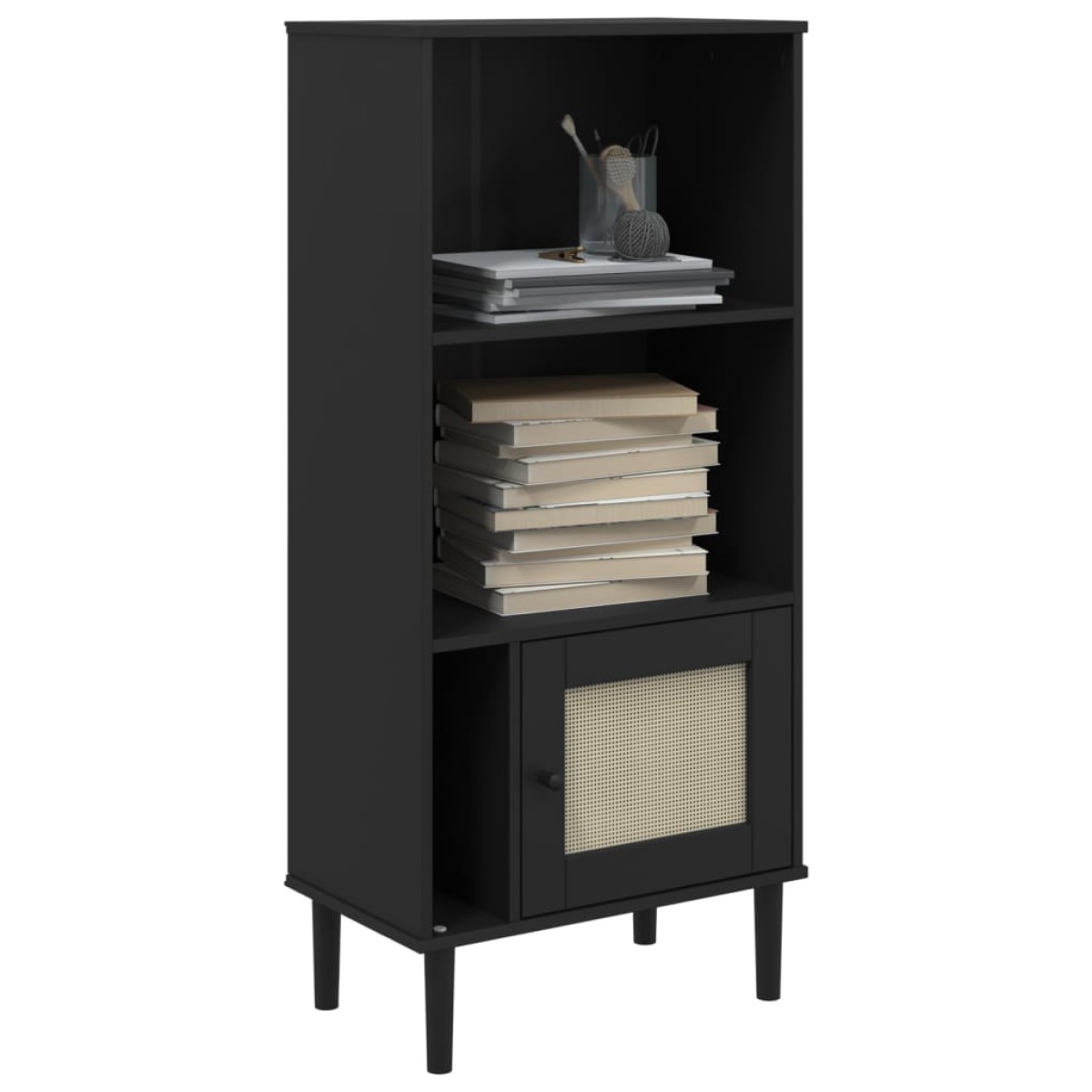 vidaXL Βιβλιοθήκη SENJA Μαύρο / Ρατάν 60x35x130 εκ. Μασίφ Ξύλο Πεύκου