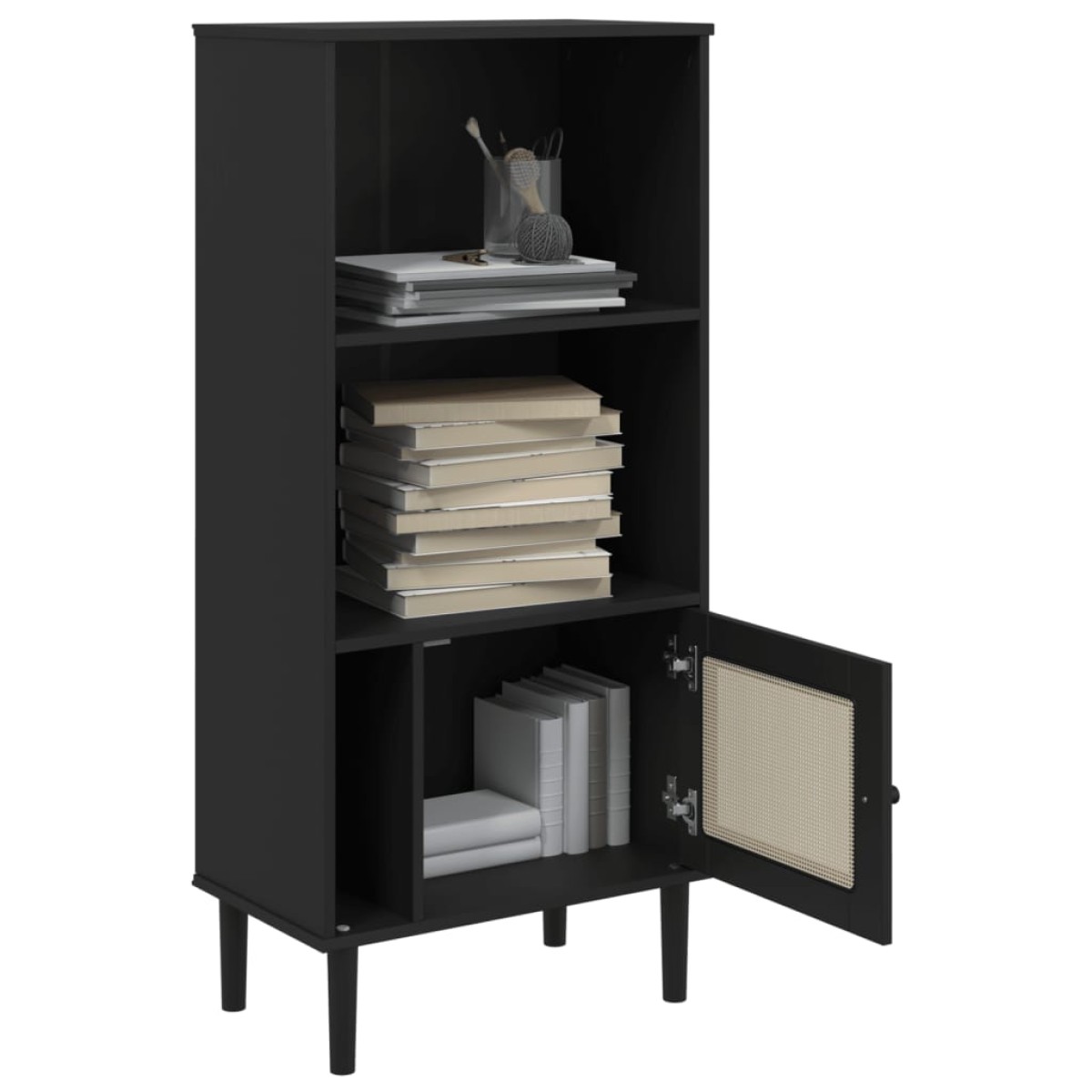vidaXL Βιβλιοθήκη SENJA Μαύρο / Ρατάν 60x35x130 εκ. Μασίφ Ξύλο Πεύκου