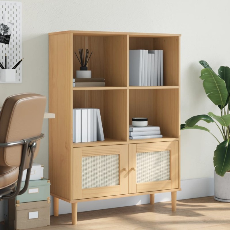 vidaXL Βιβλιοθήκη SENJA Καφέ/Όψη Ρατάν 90x35x130 εκ Μασίφ Ξύλο Πεύκου