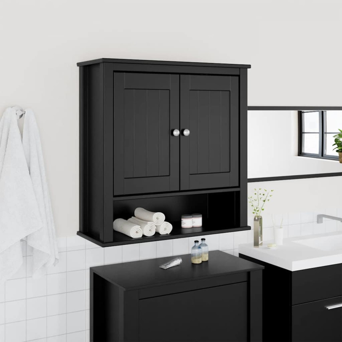 vidaXL Ντουλάπι Μπάνιου Επιτοίχιο BERG Μαύρο 69,5x27x71,5εκ Μασίφ Ξύλο