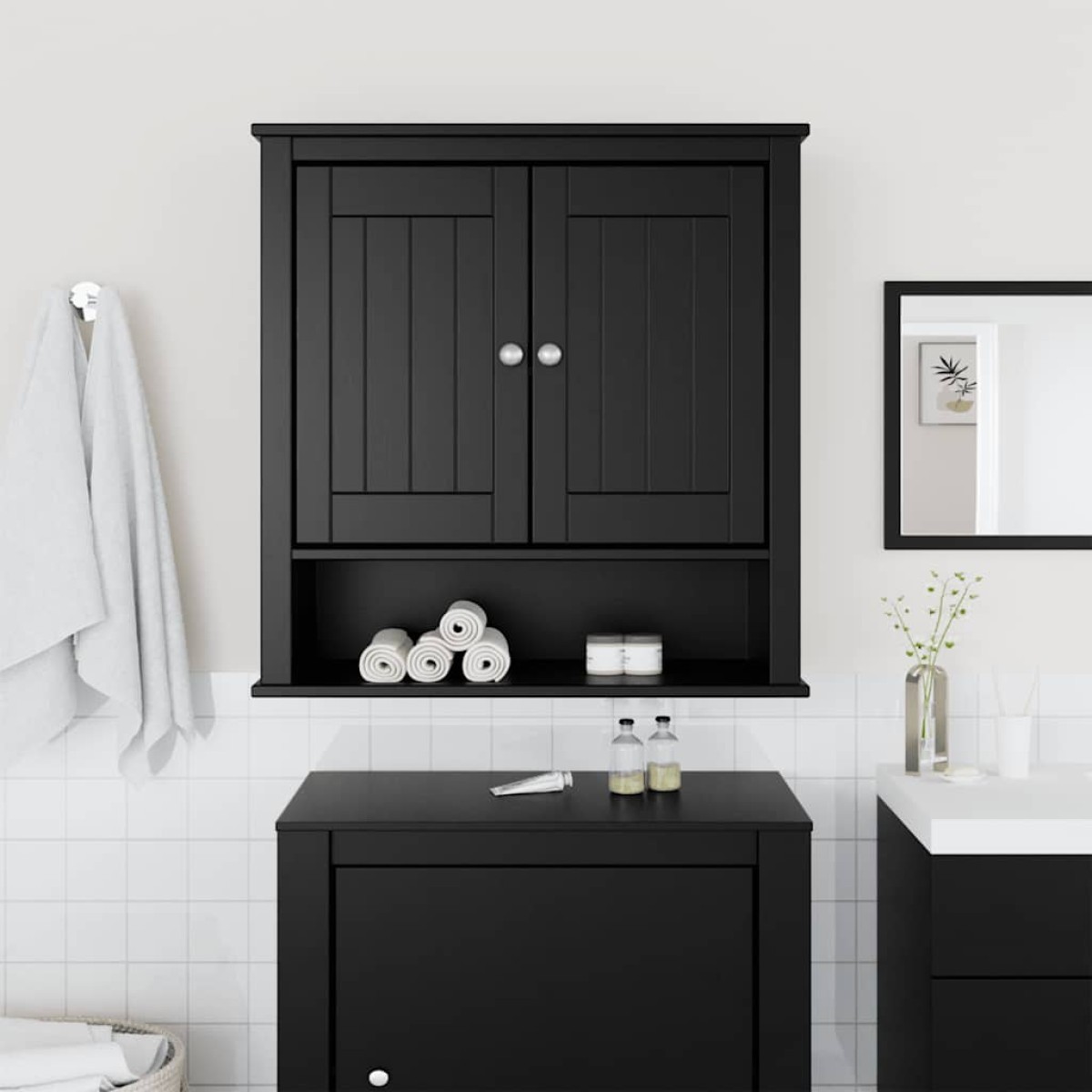 vidaXL Ντουλάπι Μπάνιου Επιτοίχιο BERG Μαύρο 69,5x27x71,5εκ Μασίφ Ξύλο