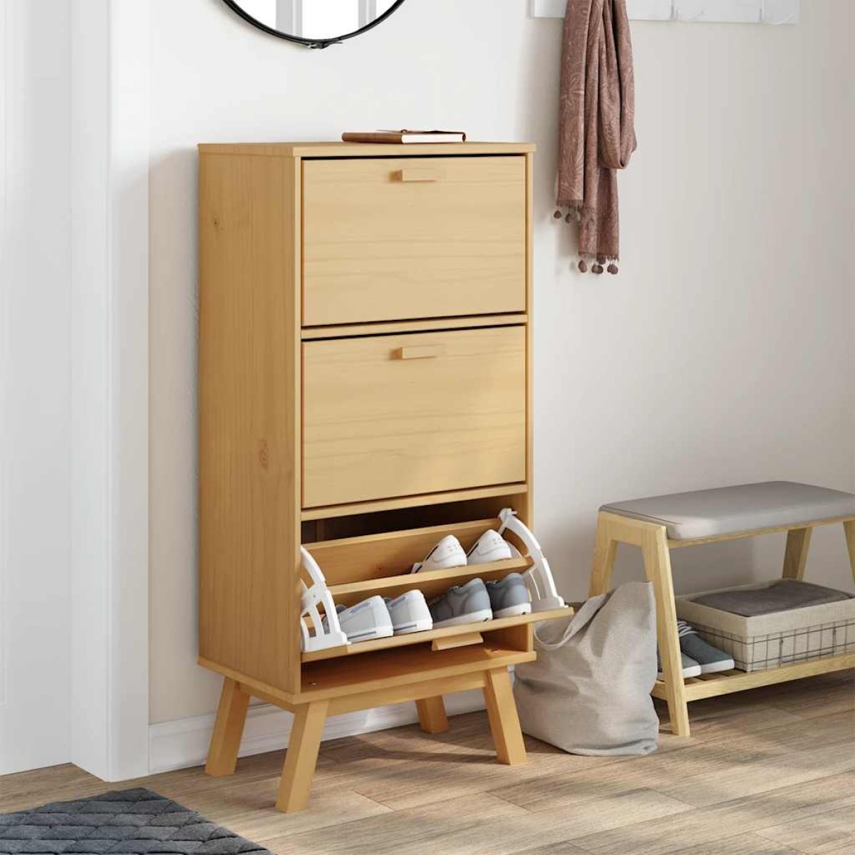 vidaXL Παπουτσοθήκη OLDEN Καφέ 55x35x120 εκ. από Μασίφ Ξύλο Πεύκου