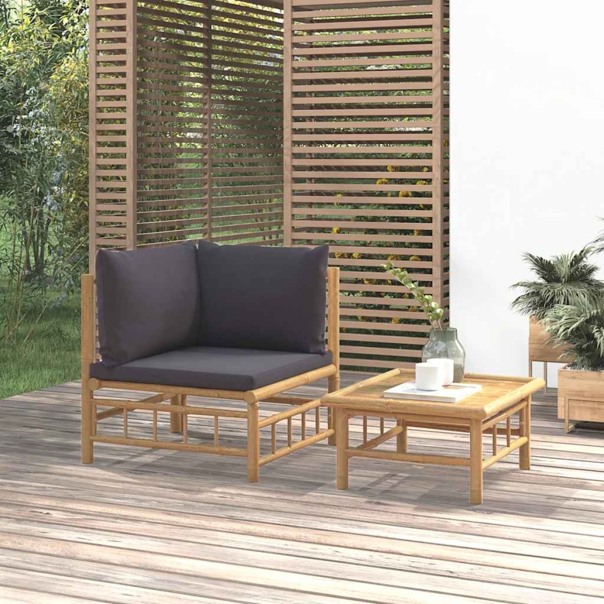 vidaXL Σαλόνι Κήπου Σετ 2 Τεμαχίων από Μπαμπού με Σκ. Γκρι Μαξιλάρια