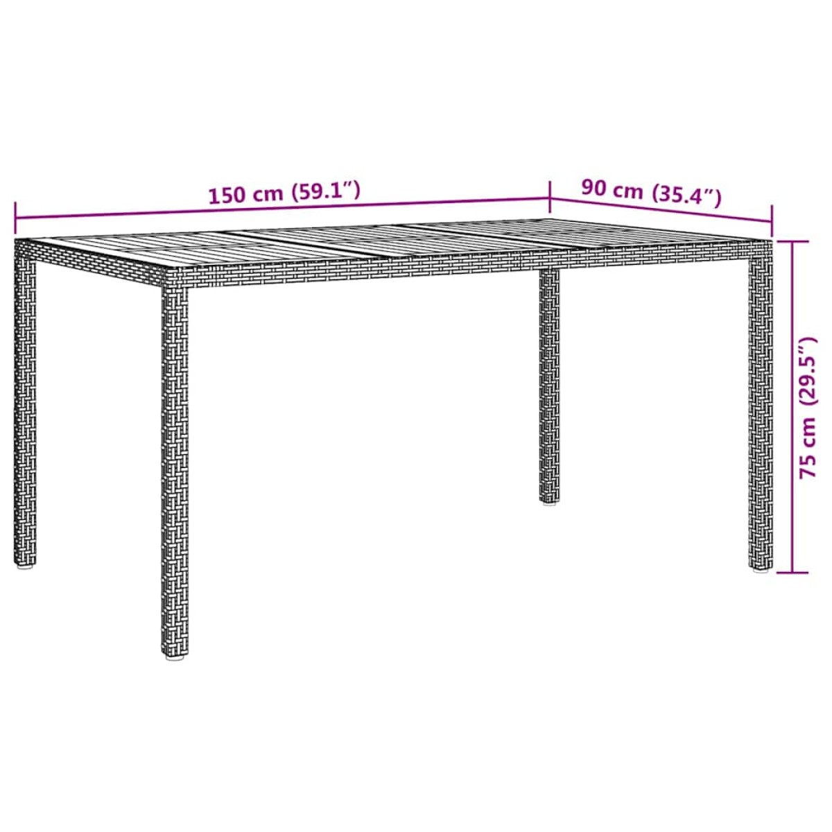 vidaXL Τραπέζι Κήπου Γκρι 150 x 90 x 75 cm συνθετικό ρατάν