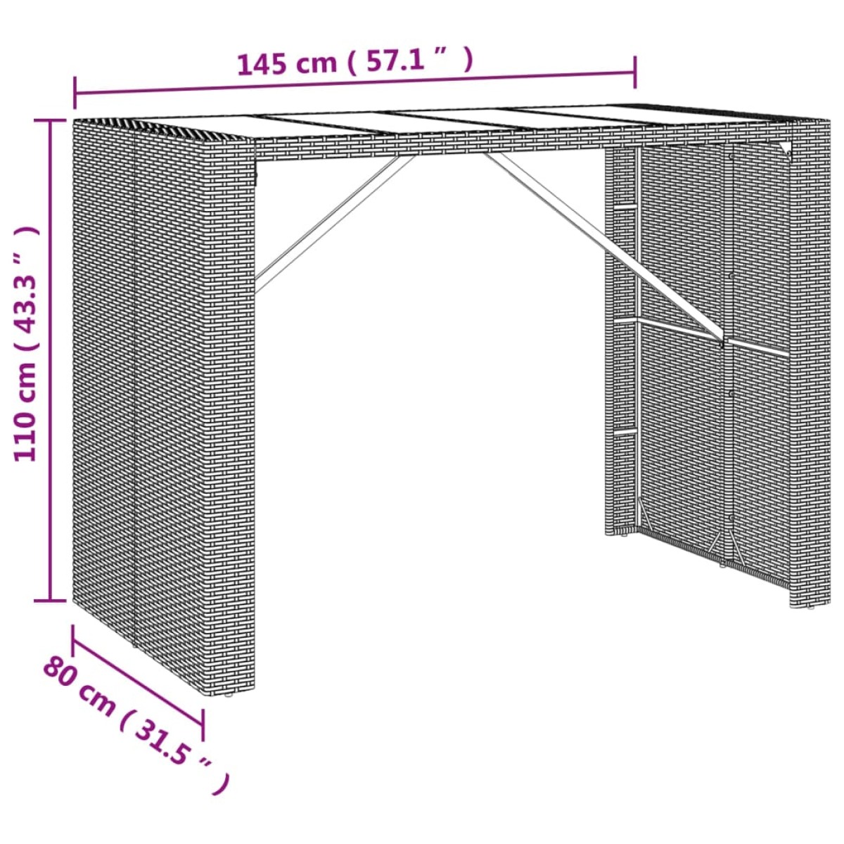 vidaXL Τραπέζι Μπαρ με Γυάλ. Επιφάνεια Γκρι 145x80x110 εκ. Συνθ. Ρατάν