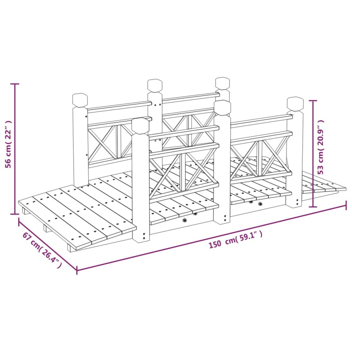 vidaXL Γέφυρα Κήπου με Κάγκελα 150x67x56 εκ. Μασίφ Ξύλο Ερυθρελάτης