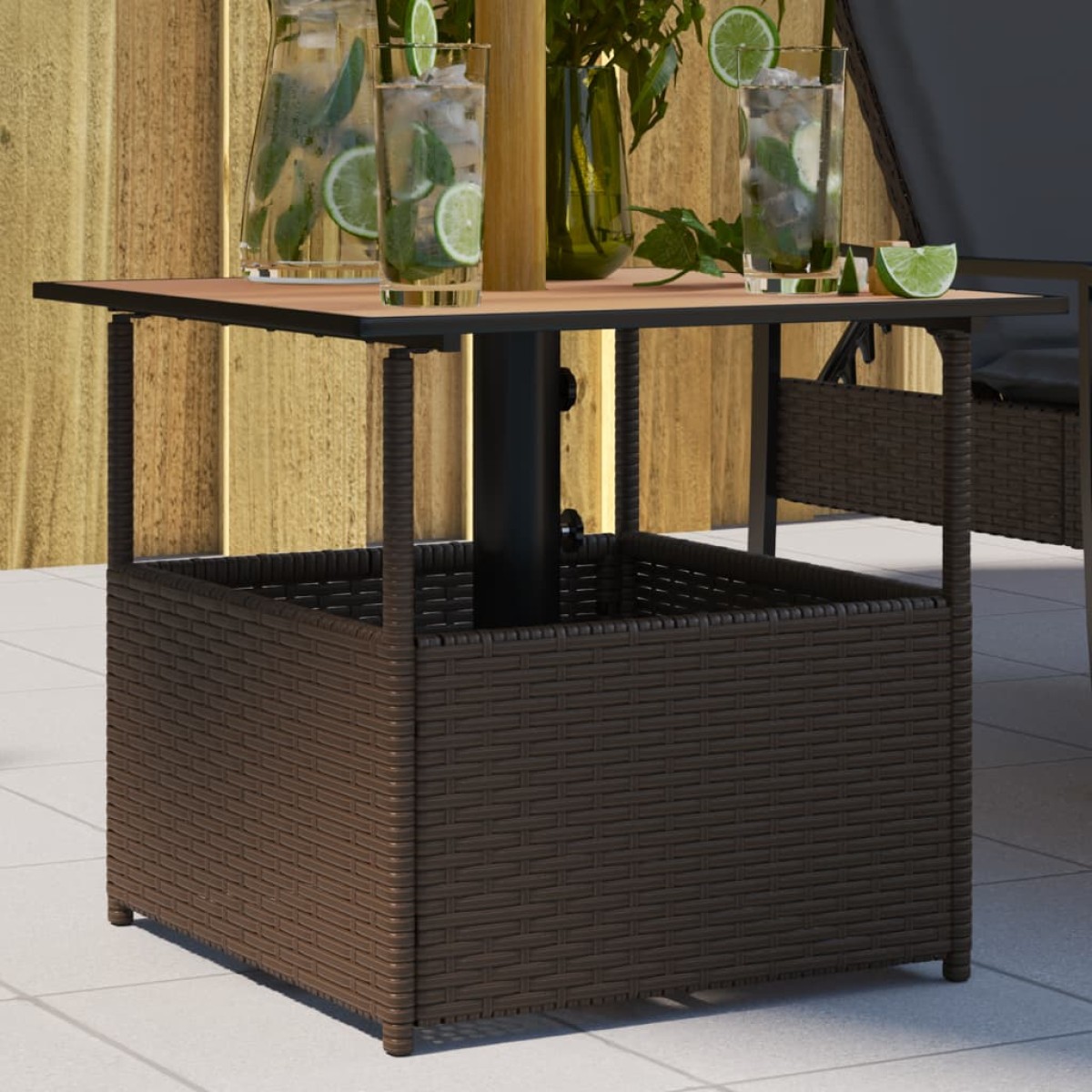 vidaXL Τραπέζι Κήπου με Οπή Ομπρέλας Καφέ 55x55x46,5εκ. Συνθ. Ρατάν
