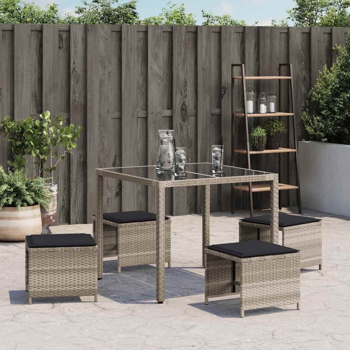 vidaXL Σκαμπό Κήπου 4 τεμ. Αν. Γκρι 41x41x36 εκ. Συνθ. Ρατάν Μαξιλάρια