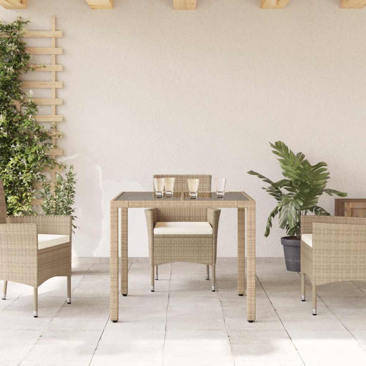 vidaXL Τραπέζι Κήπου Γυάλινη Επιφάνεια Μπεζ 90x90x75 εκ. Συνθ. Ρατάν