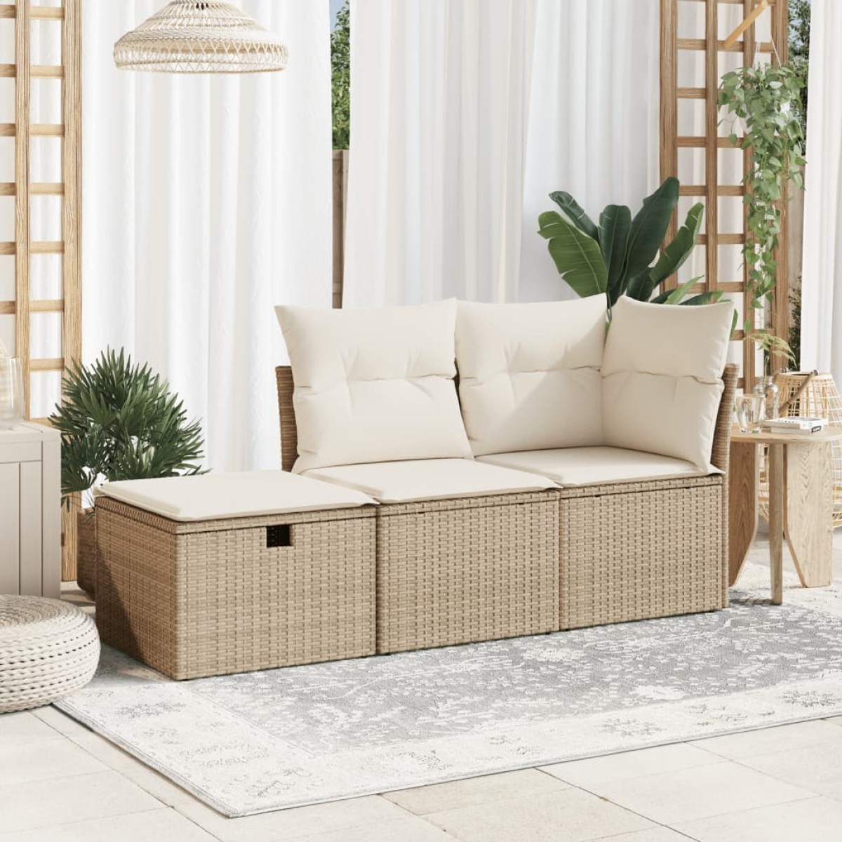vidaXL Υποπόδιο Κήπου Μπεζ 55x55x37 εκ. Συνθετικό Ρατάν με Μαξιλάρι