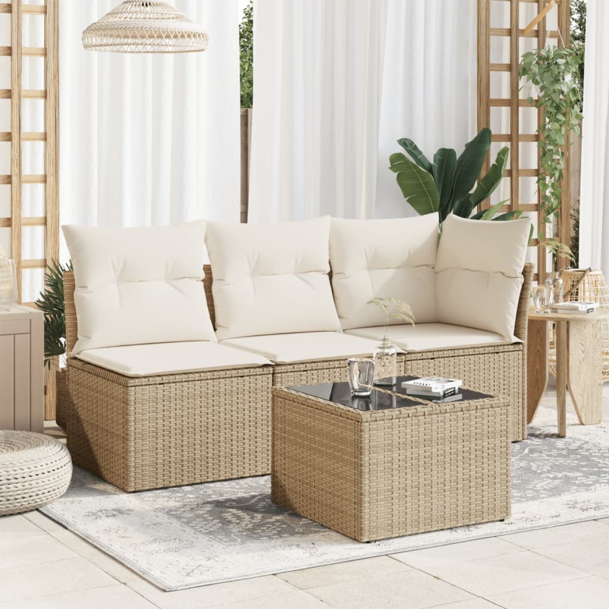 vidaXL Τραπέζι Κήπου με Γυάλινη Επιφάνεια Μπεζ 55x55x37 εκ Συνθ Ρατάν