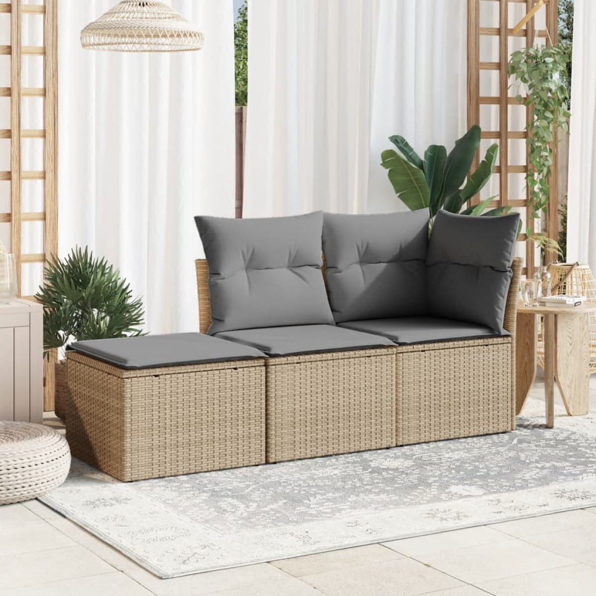 vidaXL Υποπόδιο Κήπου Μπεζ 55x55x37 εκ. Συνθετικό Ρατάν με Μαξιλάρι