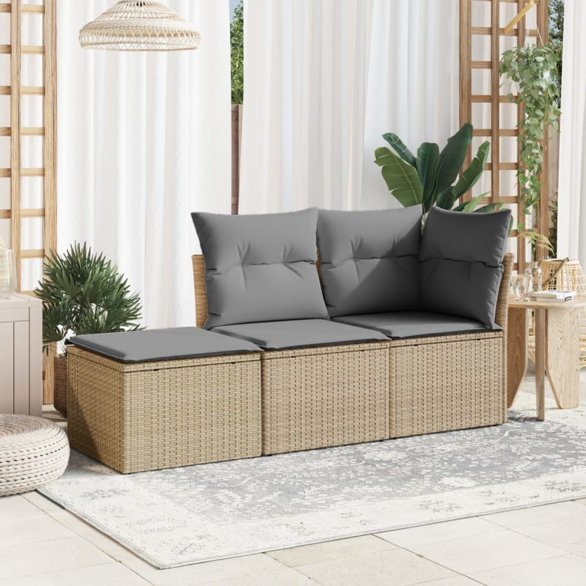 vidaXL Υποπόδιο Κήπου Μπεζ 55x55x37 εκ. Συνθετικό Ρατάν με Μαξιλάρι