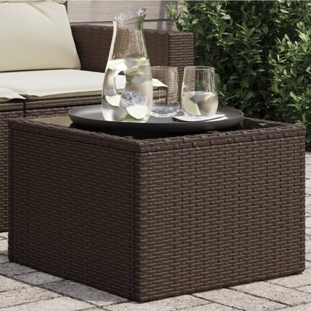 vidaXL Τραπέζι Κήπου με Γυάλινη Επιφάνεια Καφέ 55x55x37 εκ. από Συνθετικό Ρατάν